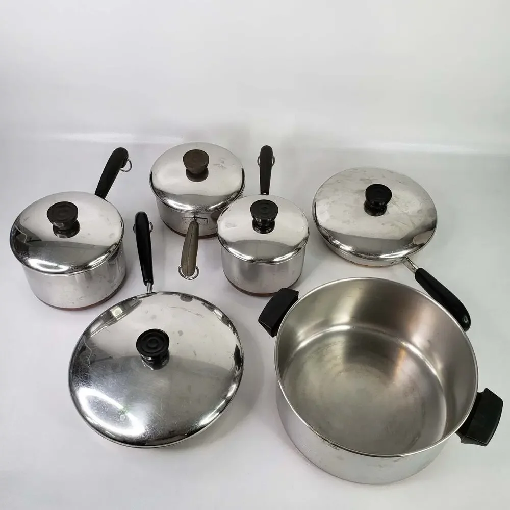 Vintage Revere Ware Copper Bottom 11 Piece Set Pots Pans Stock Skillet Lids